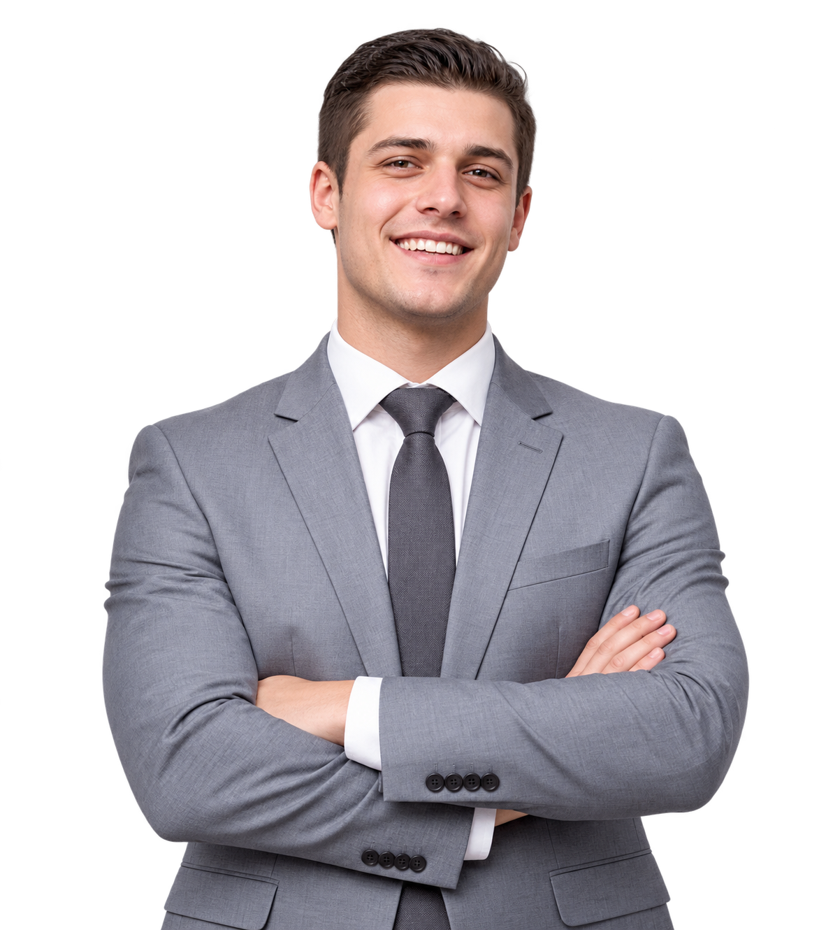 A smiling business professional in a gray blazer