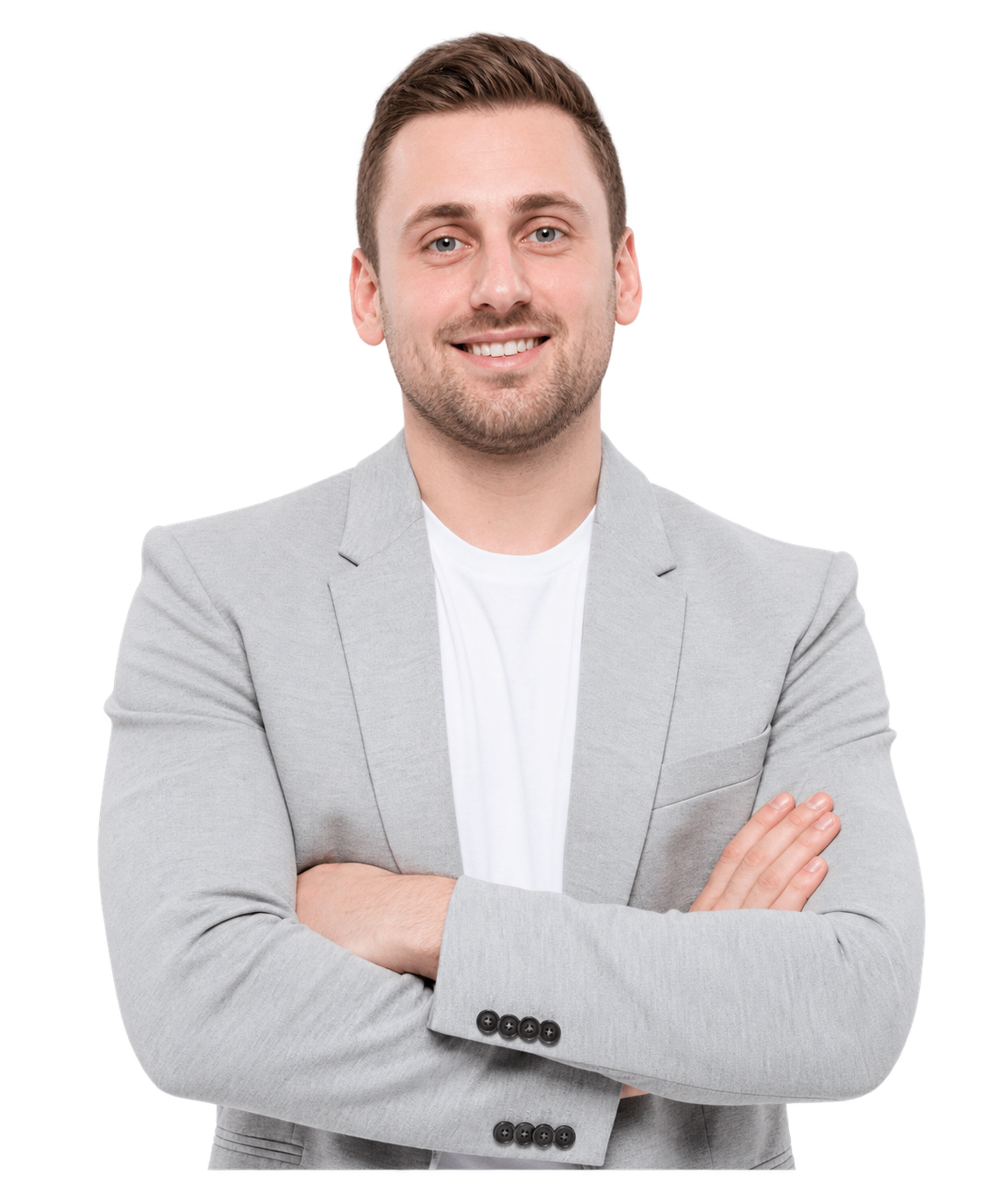 A business professional in a light gray blazer